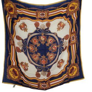 Vintage 70s Silk Scarf Navy Blue Red Multicolor Tassels Medallion Print 27"